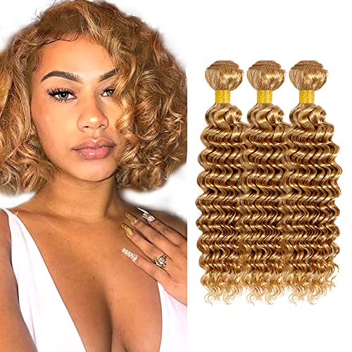 Honey Blonde Bundles Color 27 Human Hair Bundles #27 Deep Wave Human Hair Bundles 8 8 8 inch Same Length 3 Bundles Brazilian 8A Remy Blonde Deep Curly Human Hair Bundle