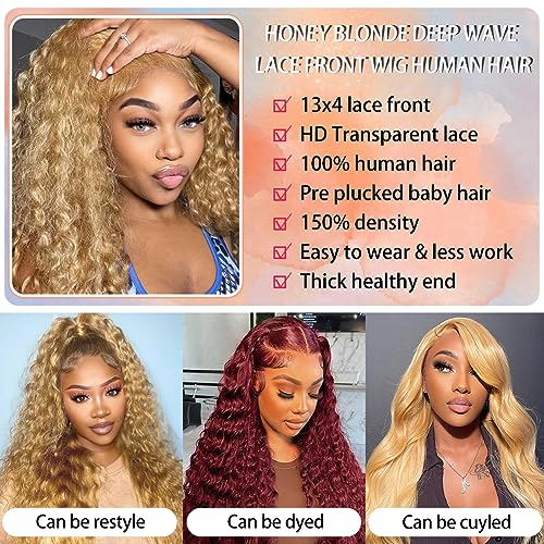 Honey Blonde Curly Lace Front Wigs Human Hair 13x4 HD Lace Blonde Deep Wave Human Hair Wig 150% Density Pre Plucked #27 Colored Curly Lace Front Wig Human Hair 14 Inch - Image 3
