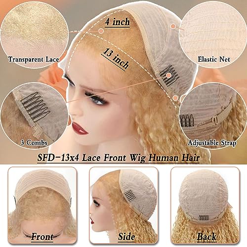 Honey Blonde Curly Lace Front Wigs Human Hair 13x4 HD Lace Blonde Deep Wave Human Hair Wig 150% Density Pre Plucked #27 Colored Curly Lace Front Wig Human Hair 20 Inch - Image 4