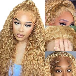Honey Blonde Curly Lace Front Wigs Human Hair 13x4 HD Lace Blonde Deep Wave Human Hair Wig 150% Density Pre Plucked #27 Colored Curly Lace Front Wig Human Hair 20 Inch
