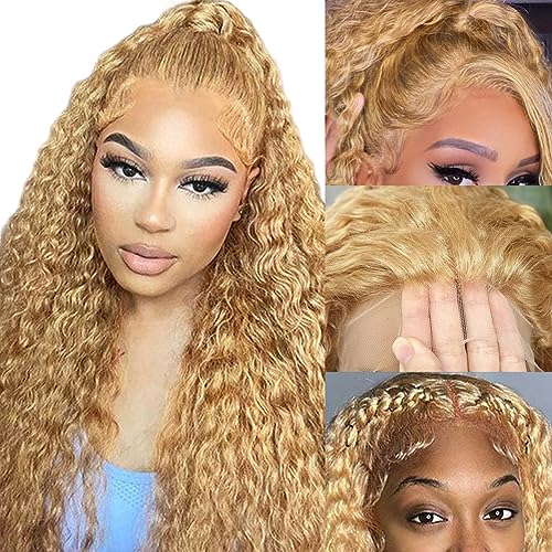 Honey Blonde Curly Lace Front Wigs Human Hair 13x4 HD Lace Blonde Deep Wave Human Hair Wig 150% Density Pre Plucked #27 Colored Curly Lace Front Wig Human Hair 20 Inch