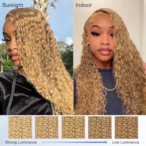 Honey Blonde Curly Wig Human Hair 12 Inch 13x4 Blonde Deep Wave HD Lace Front Wigs Pre Plucked with Baby Hair #27 Color Blonde Water Wave Lace Closure Human Hair Wig 150 Density for Women - Image 6