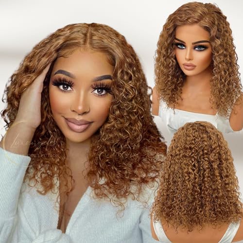 Honey Blonde Deep Wave Wig Human Hair Pre Plucked Glueless Wig 13x4 Bright Brown Curly Wigs, Wet and Wavy Short Curly Bob Wig 150% with Natural Hairline Bleached Knots