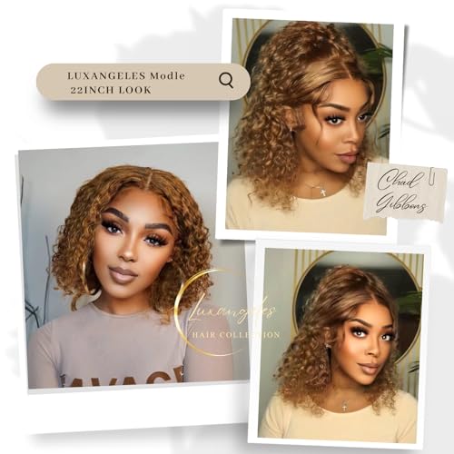 Honey Blonde Deep Wave Wig Human Hair Pre Plucked Glueless Wig 13x4 Bright Brown Curly Wigs, Wet and Wavy Short Curly Bob Wig 150% with Natural Hairline Bleached Knots - Image 4