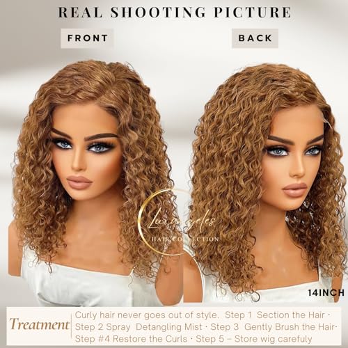 Honey Blonde Deep Wave Wig Human Hair Pre Plucked Glueless Wig 13x4 Bright Brown Curly Wigs, Wet and Wavy Short Curly Bob Wig 150% with Natural Hairline Bleached Knots - Image 2