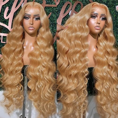 Honey Blonde HD Lace Front Wig Human Hair 13x4 Blonde Lace Front Human Hair Wig For Women 27# Blonde Body Wave Wig Honey Blonde Wig Human Hair Free Part With Baby Hair 180% Density 26Inch