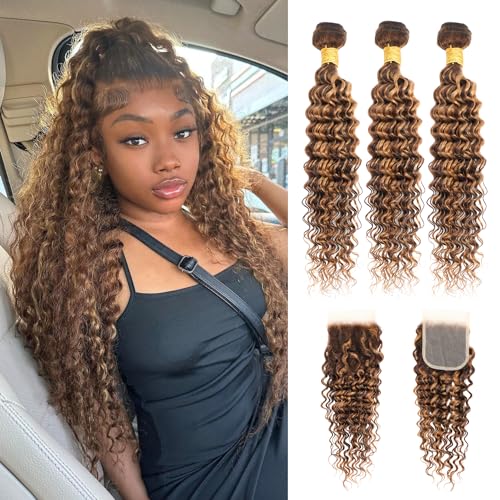 Honey Blonde Highlight Brazilian Deep Wave Human Hair Bundles with Closure (18 20 22 + 18), 10A Soft Thick Ombre Brown Curly 100% Human Hair Bundle with Free Part HD Transparent Lace 4x4 Closure