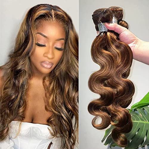 Honey Blonde Highlight Human Hair Bundles Brazilian Body Wave 3 Bundles 16 18 20 inch, 100% Virgin Human Hair Bundles Ombre Wavy 4/27 For Women Colored Human Hair Sew In Weave 10A Remy Bundles