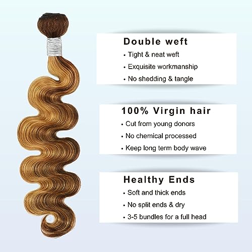Honey Blonde Highlight Human Hair Bundles Brazilian Body Wave 3 Bundles 16 18 20 inch, 100% Virgin Human Hair Bundles Ombre Wavy 4/27 For Women Colored Human Hair Sew In Weave 10A Remy Bundles - Image 3