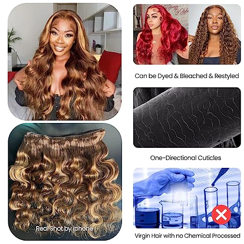 Honey Blonde Highlight Human Hair Bundles Brazilian Body Wave 3 Bundles 16 18 20 inch, 100% Virgin Human Hair Bundles Ombre Wavy 4/27 For Women Colored Human Hair Sew In Weave 10A Remy Bundles - Image 5