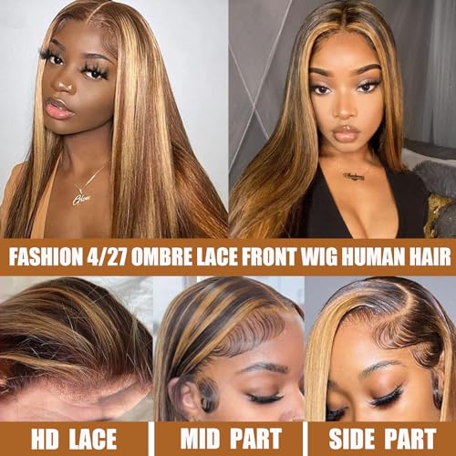 Honey Blonde Ombre 13x4 HD Lace Front Wig 20 Inch Straight 4/27 Balayage 180% Density - Image 4