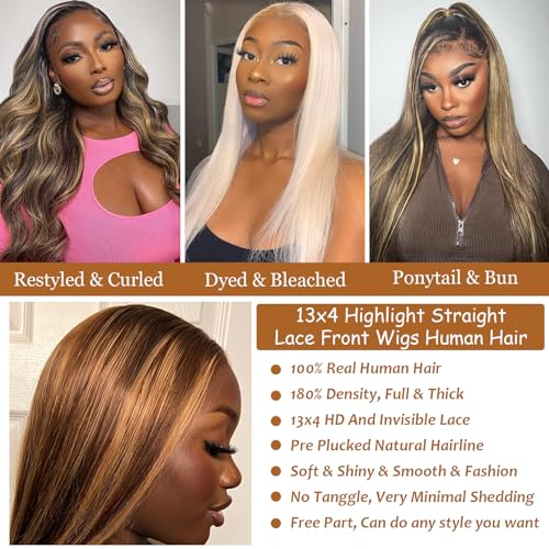 Honey Blonde Ombre 13x4 HD Lace Front Wig 20 Inch Straight 4/27 Balayage 180% Density - Image 3