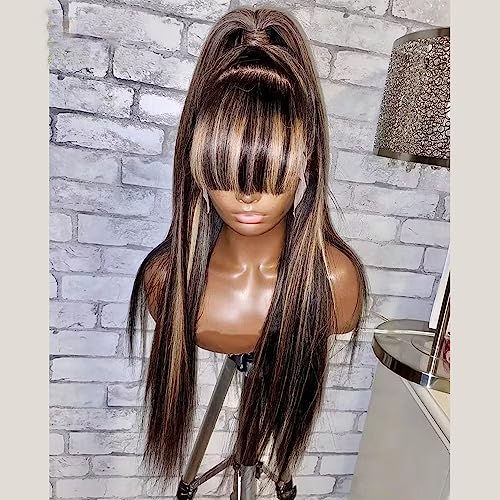Honey Blonde Highlight Straight Human Hair Wigs with Bangs 13X4 HD Lace Front Wig Brazilian Virgin Hair Bone Straight Glueless Wigs Bleached Knots for Woman 150% Density #1B/27 Bangs Wig - Image 3