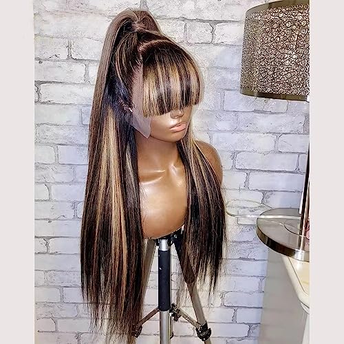 Honey Blonde Highlight Straight Human Hair Wigs with Bangs 13X4 HD Lace Front Wig Brazilian Virgin Hair Bone Straight Glueless Wigs Bleached Knots for Woman 150% Density #1B/27 Bangs Wig