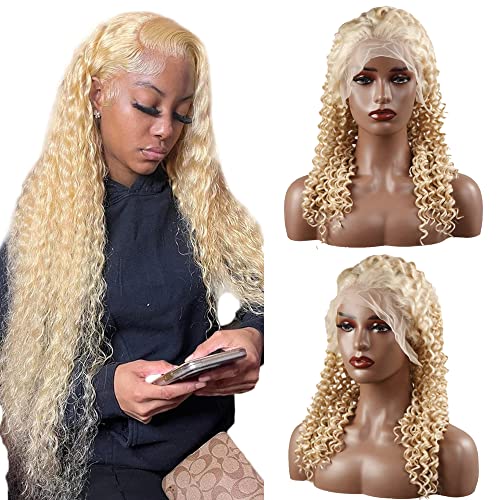 Honey Blonde Kinky Curly Lace Front Wig Human Hair 613 Wig 150% Density Glueless Wigs Human Hair Pre Plucked with Baby Hair 13x4x1 Lace Frontal Human Hair Wigs 18 Inch