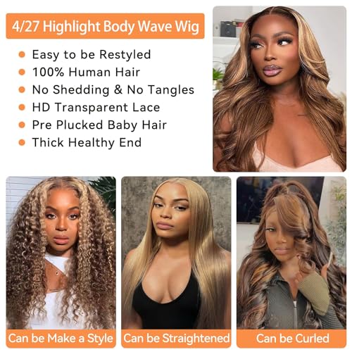 Honey Blonde 4/27 Highlight Ombre Body Wave 30 Inch Human Hair Lace Front Wig 180 Density - Image 3