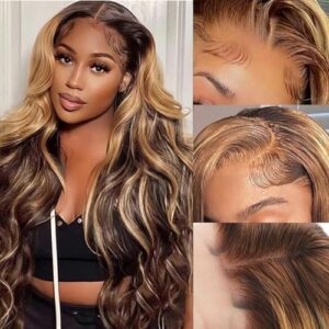 Honey Blonde 4/27 Highlight Ombre Body Wave 30 Inch Human Hair Lace Front Wig 180 Density