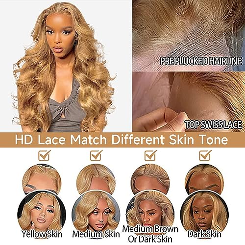 Honey Blonde Lace Front Wig Human Hair, 13x4 Honey Blonde Wig Human Hair, 27# Colored Body Wave Blonde Lace Front Wigs Human Hair for Women HD Lace Colored Wigs Human Hair 180% Density 28 inch - Image 2
