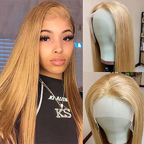 Honey Blonde Lace Front Wig Human Hair 13x4 Transparent Lace Frontal Wig Human Hair #27 Colored Straight Lace Front Wig For Black Women Pre Plucked With Baby Hair 16 Inch Estilar