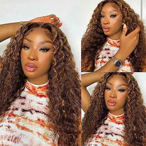 Honey Blonde Lace Front Wig Human Hair Highlight Glueless Wigs Human Hair Pre Plucked 180% Denisty Deep Wave Lace Front Wigs Human Hair 4/27 Colored Highlight Ombre Curly Wigs for Black Women