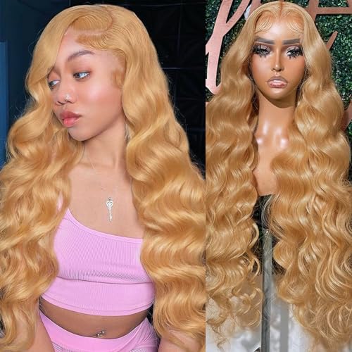 Honey Blonde Lace Front Wigs Human Hair, 13x4 Body Wave Blonde Wigs with Baby Hair, HD Glueless Wigs Human Hair Pre Plucked for Women 200% Density #27 Colored Frontal Wigs Human Hair 26 In