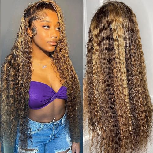 28 Inch Honey Blonde Ombre Water Wave Lace Front Wig for Natural Look