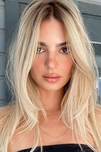Honey Blonde Wigs with Bangs, Ombre Brown to Blonde Synthetic Hair Wig, Middle Part Shoulder Length Part Natural Straight Wigs for Women, VEDAR-163