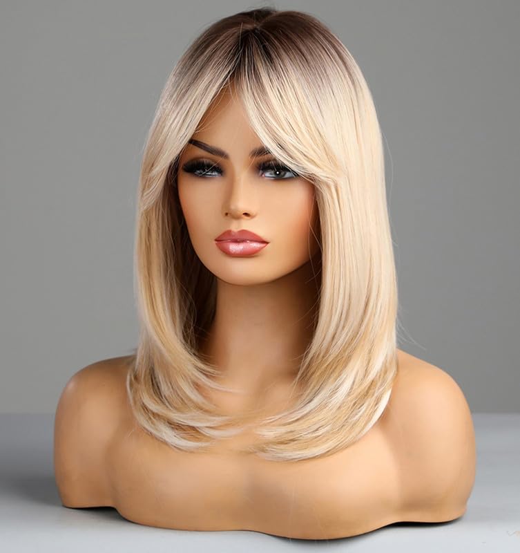 Honey Blonde Wigs with Bangs, Ombre Brown to Blonde Synthetic Hair Wig, Middle Part Shoulder Length Part Natural Straight Wigs for Women, VEDAR-163 - Image 4