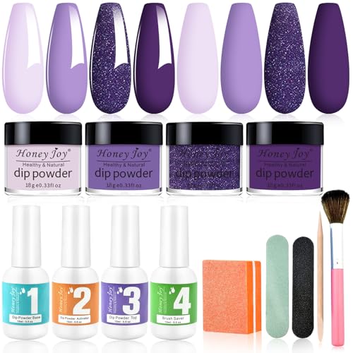 Honey Joy Dip Powder Nail Kit for 4 Colors System Starter Kit Acrylic Dipping System,4 PCS Dipping Powder,4 PCS 15ml Liquid Nail Kit Purple Blue Acrylic Set (Dip-4x15ml-8pcs-03)