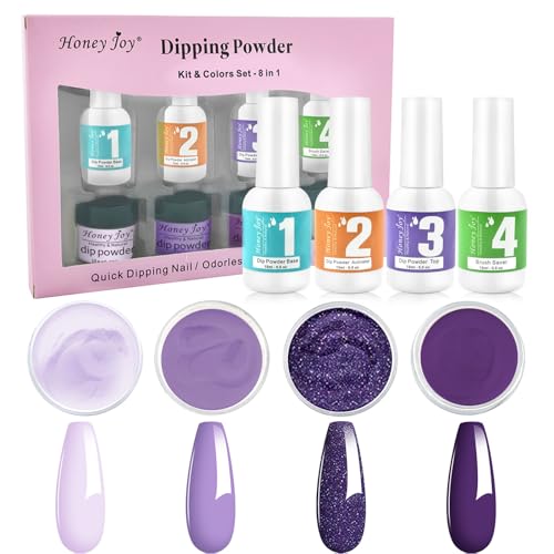 Honey Joy Dip Powder Nail Kit for 4 Colors System Starter Kit Acrylic Dipping System,4 PCS Dipping Powder,4 PCS 15ml Liquid Nail Kit Purple Blue Acrylic Set (Dip-4x15ml-8pcs-03) - Image 7