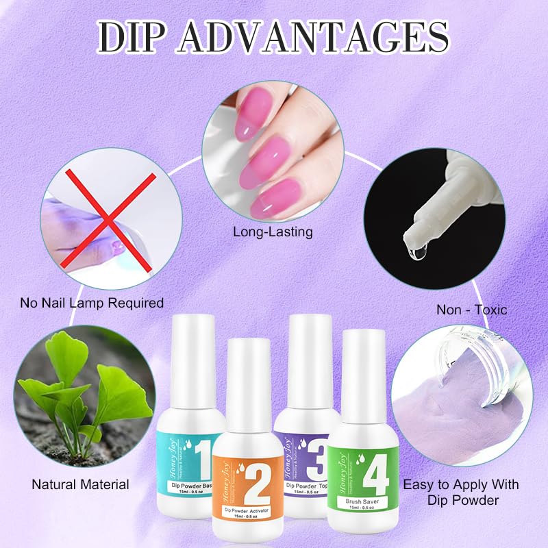Honey Joy Dip Powder Nail Kit for 4 Colors System Starter Kit Acrylic Dipping System,4 PCS Dipping Powder,4 PCS 15ml Liquid Nail Kit Purple Blue Acrylic Set (Dip-4x15ml-8pcs-03) - Image 5