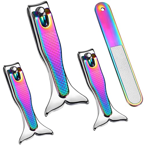 Honoson Mermaid Nail Clipper Set 4 Pieces Kids Clippers Nail Fingernails and Toenails Cutter Stainless Steel with Nail File Birthday Stocking Stuffers for Girls Women Kids Manicure Accessories