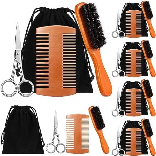 Hoolerry 5 Sets Beard Brush and Comb Scissors Set Beard Grooming Kit for Men Long Handle Natural Boar Bristle Brush Dual Sided Wide Tooth Comb Trimming Scissors with Travel Pouch for Beard Care Kits