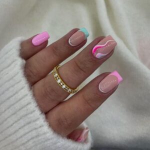 Hot Pink French Tip Press on Nails Short Square Nails Press on,KXAMELIE Fake Nails for Women,Stripes Full Cover Acrylic Nails Glue on Nails Short False Nails With Design,Natural Cute Gel Short