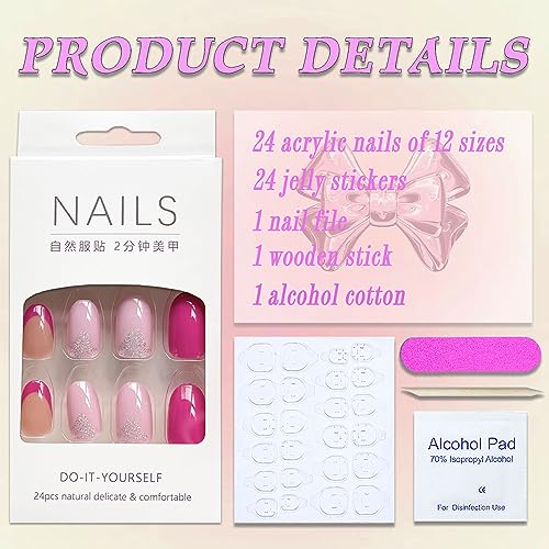 Hot Pink Press on Nails Short Round MABKJLF French Tip Fake Nails Full Cover Glitter Pink Swirl False Nails with Designs Glossy Glue on Nails Acrylic Nails Artificial Nails for Women Girls 24 Pcs - Image 3