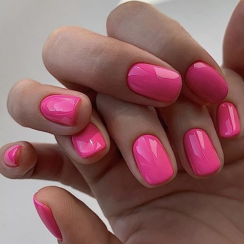 Hot Pink Press on Nails Square Fake Nails Short with Glue,Reusable&Natural Nails Press on False Nails Solid Color Full Cover Nails Jelly Acrylic Stick on Nails for Women Girls Gift,Gel Nail Kit,24pcs