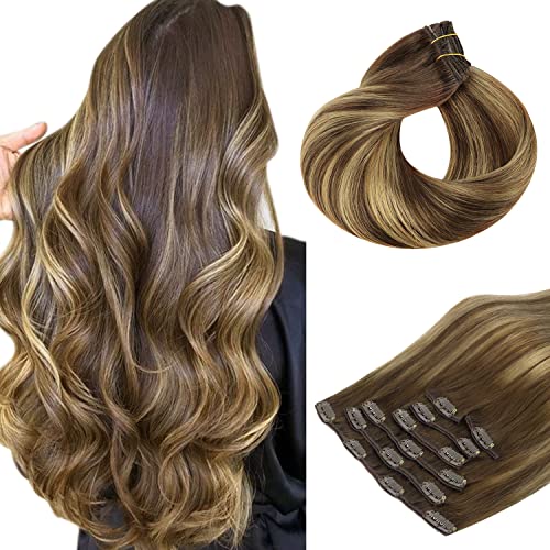 HOTBANANA 14 Inch 120g Balayage Chocolate Brown Caramel Blonde Remy Human Hair Clip In Extensions