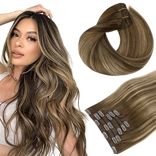 HOTBANANA 20 Inch Chocolate Brown Honey Blonde Ombre Balayage Remy Human Hair Clip In Extensions 120g Straight Dark Roots 7pcs