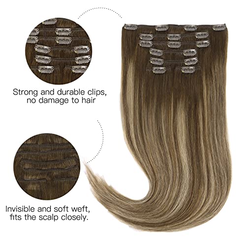 HOTBANANA 20 Inch Chocolate Brown Honey Blonde Ombre Balayage Remy Human Hair Clip In Extensions 120g Straight Dark Roots 7pcs - Image 2