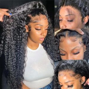 Hswpawk 13x6 Deep Wave Lace Front Wigs Human Hair HD Transparent Lace Front Wigs Human Hair Pre Plucked 180% Density Glueless Wigs Human Hair with Baby Hair Natural Hairline Deep Curly Wigs 32 Inch