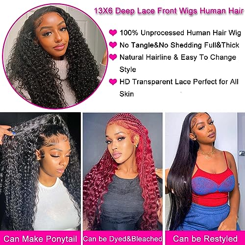 Hswpawk 13x6 Deep Wave Lace Front Wigs Human Hair HD Transparent Lace Front Wigs Human Hair Pre Plucked 180% Density Glueless Wigs Human Hair with Baby Hair Natural Hairline Deep Curly Wigs 32 Inch - Image 5