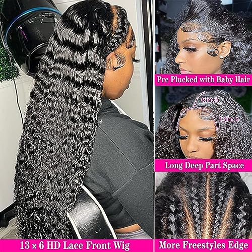 Hswpawk 13x6 Deep Wave Lace Front Wigs Human Hair HD Transparent Lace Front Wigs Human Hair Pre Plucked 180% Density Glueless Wigs Human Hair with Baby Hair Natural Hairline Deep Curly Wigs 32 Inch - Image 2