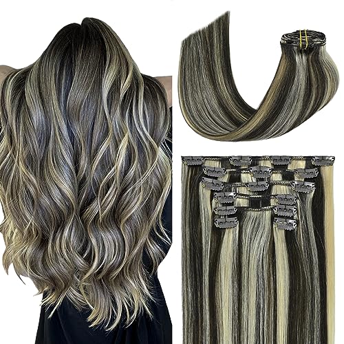 HUAYI 15 Inch Dark Brown to Blonde Highlighted Remy Clip-in Hair Extensions 7 Piece Set 70g
