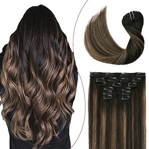 HUAYI Clip in Human Hair Extensions Ombre Natural Black to Chestnut Brown Highlight Black 120g Thicken Double Weft Brazilian Hair Full Head Silky Straight 22 Inch(22in 7pcs 120g)
