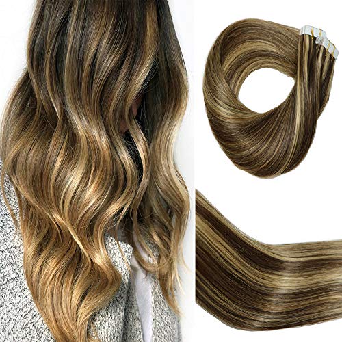HUAYI Dark Brown Ombre Blonde Highlights Human Hair 50g 20Pcs 22inch Tape In Hair Extensions Tape Lasting Hair Soft Thick End Tangle Extensions Balayage Hair(427#22'')