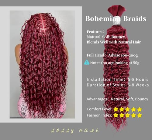 Human Braiding Hair 1 Bundle 50g 18 Inch Deep Water Wave Bulk Human Hair for Braiding No Weft 10A Brazilian Virgin Curly Human Hair Extensions for Boho Braids Wet and Wavy Red Burgundy Braiding Hair - Image 3