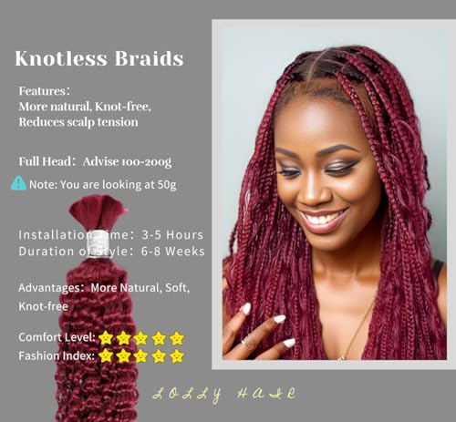 Human Braiding Hair 1 Bundle 50g 18 Inch Deep Water Wave Bulk Human Hair for Braiding No Weft 10A Brazilian Virgin Curly Human Hair Extensions for Boho Braids Wet and Wavy Red Burgundy Braiding Hair - Image 4
