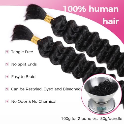 Human Braiding Hair Deep Wave Bulk Human Hair for Braiding 100% Virgin Hair Bulk 100g 2 Bundles/Pack No Weft Human Hair Extensions For Boho Braids Knotless Braid Box Braid Natural Black 18 Inch - Image 4