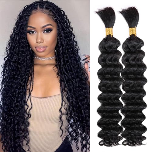 Human Braiding Hair Deep Wave Bulk Human Hair for Braiding 100% Virgin Hair Bulk 100g 2 Bundles/Pack No Weft Human Hair Extensions For Boho Braids Knotless Braid Box Braid Natural Black 18 Inch