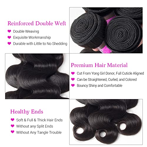 Human Hair Body Wave 3 Bundles with Closure 100% Unprocessed Brazilian Hair Double Weft 10A Weave Extensions Remy Hair with 4x4 Free Part Lace Closure for Black Women Natural Color (8" 8" 8" + 6" Closure) - Image 4